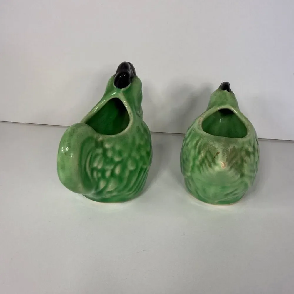 Vintage Green Ceramic Chicken Rooster Toothpick Holder Planter Set Japan MCM Kit